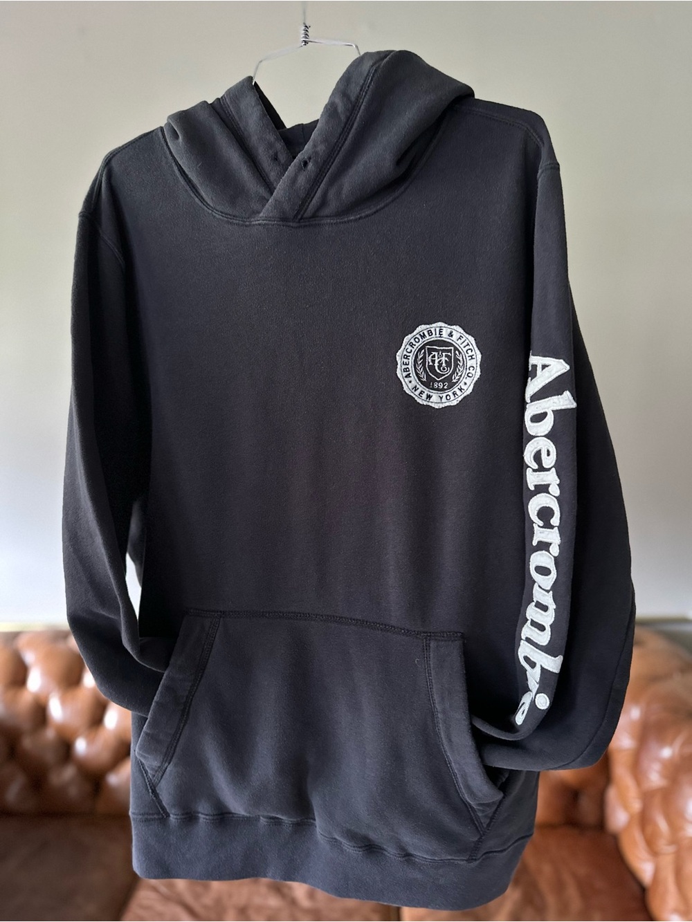 Abercrombie & Fitch (size XL) Charcoal Hoodie with White Sleeve Logo